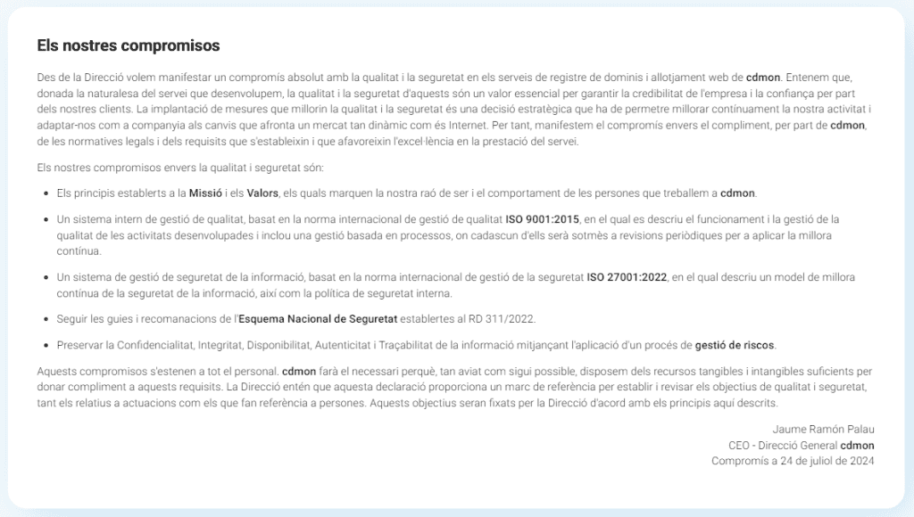 Els nostres compromisos, carta del CEO