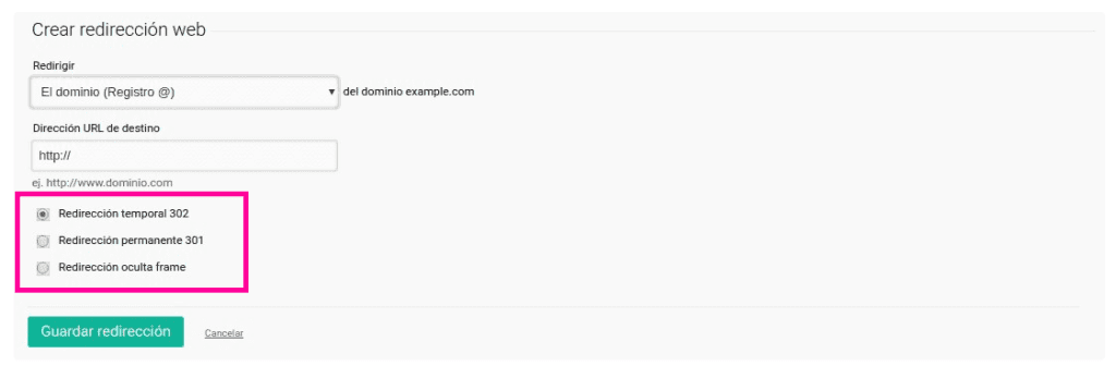 Configura el tipo de redirección