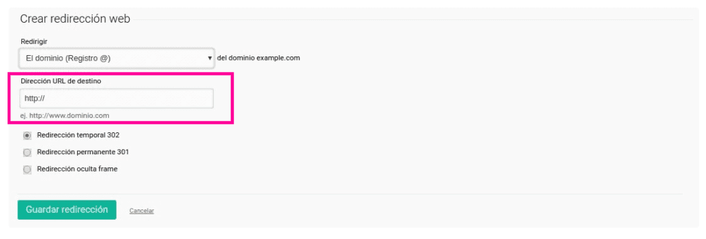 Introduce la URL de destino
