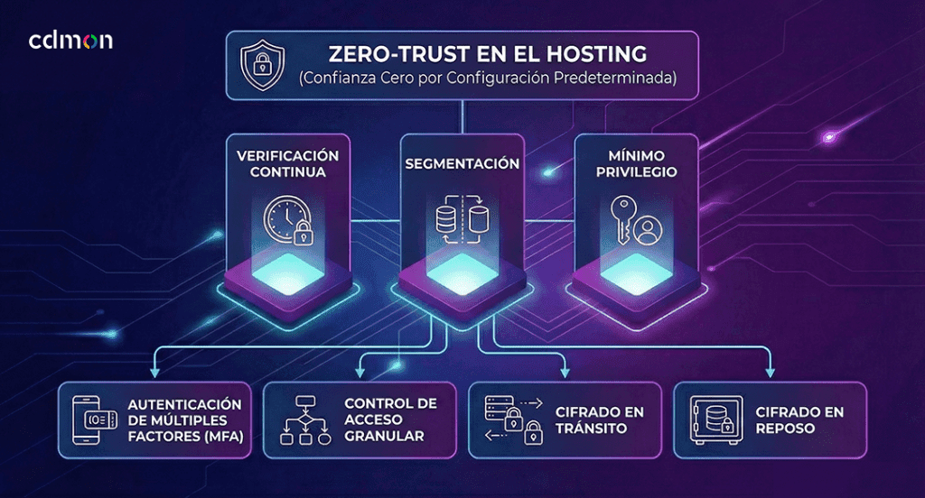 Infografía: modelo Zero-Trust aplicado al hosting